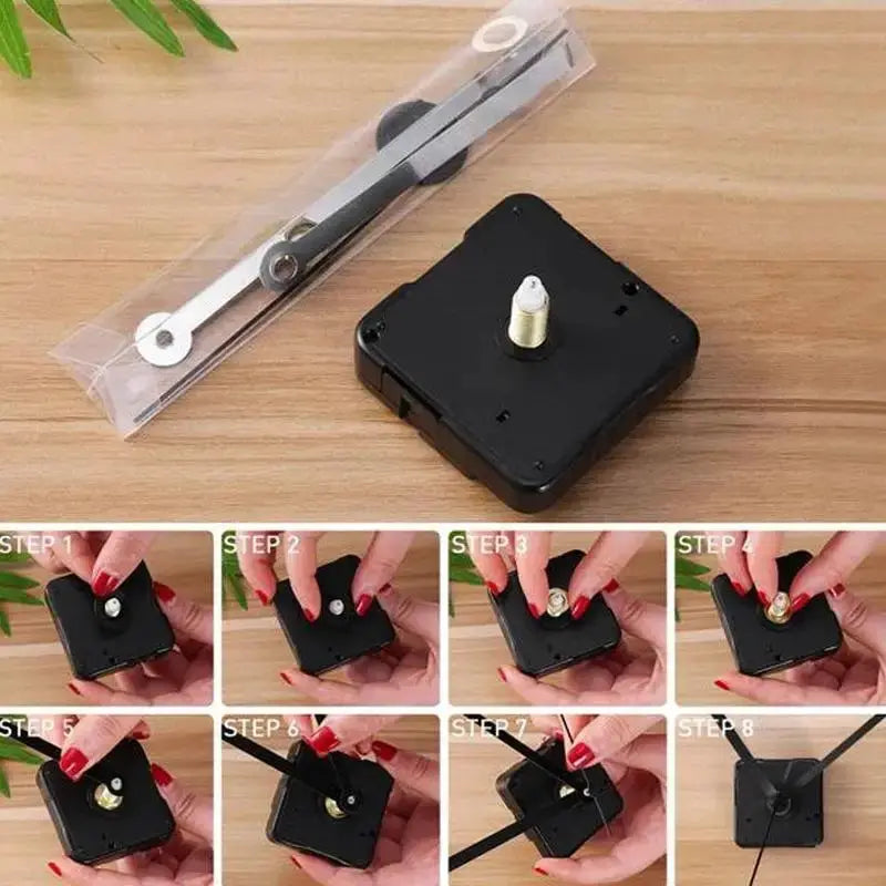 Clock movement with silent quartz mechanism and metal hands set; black housing and silver hands, 2-piece kit