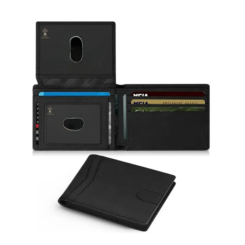 Men's ultra-thin RFID leather wallet with ID window and multiple card slots, black carbon-fiber, Simples Market