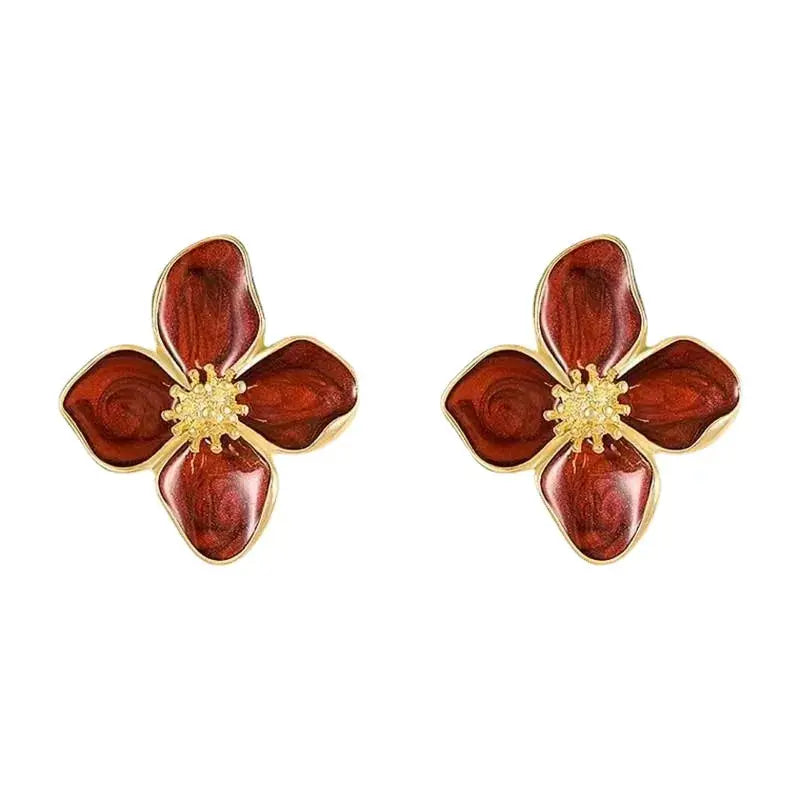 Korean Fashion Retro Drip Glaze Red Flower Earrings For Women Delicate Luxury Jewelry Gift For Engagements