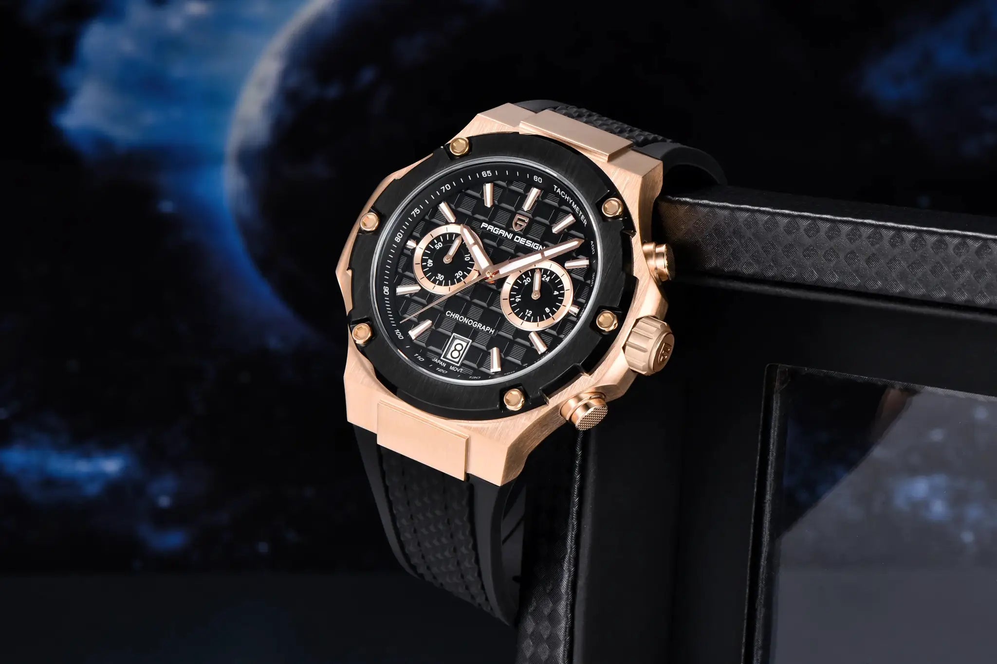 Pagani Design men's rose-gold chronograph watch with black dial and fluororubber strap