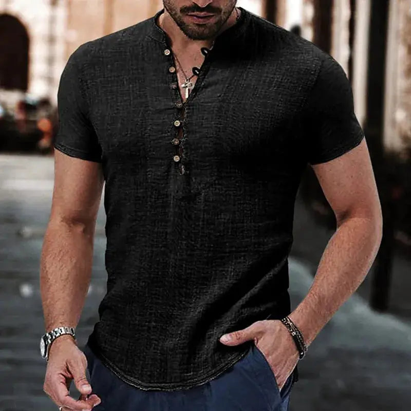 Men's black cotton-linen short-sleeve V-neck shirt with button placket