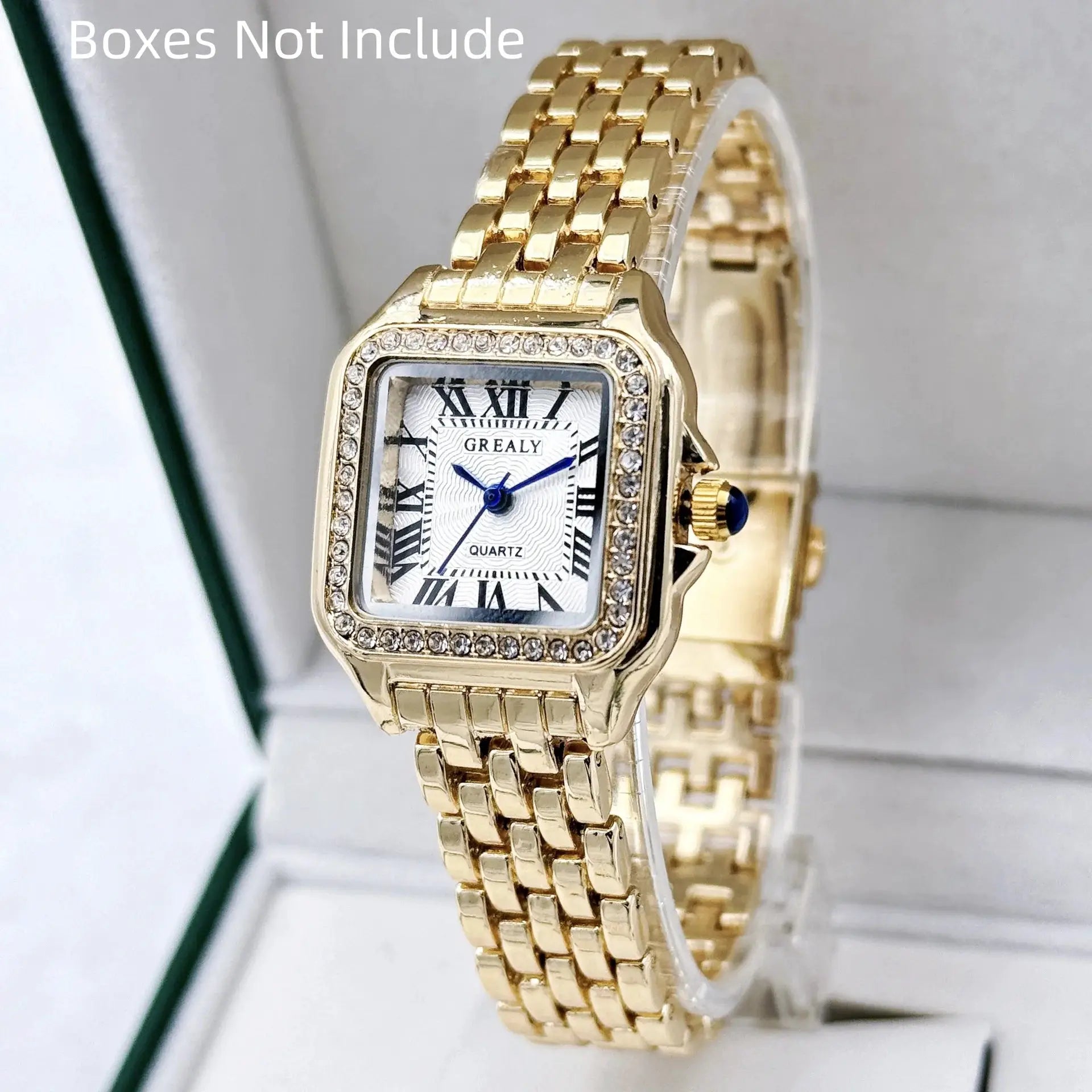 Gold-tone women's wristwatch by GREALY with diamond bezel, stainless steel bracelet, quartz movement