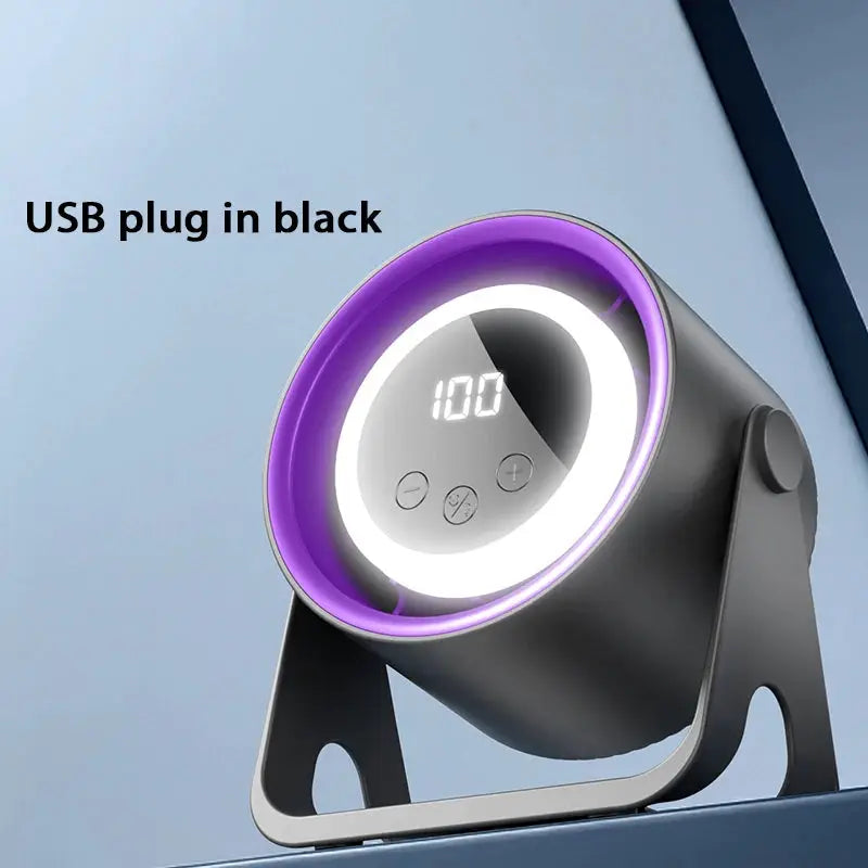 Simples Market bladeless desktop fan with USB recharge, 1800mAh, ambient purple ring light, 100 speed display