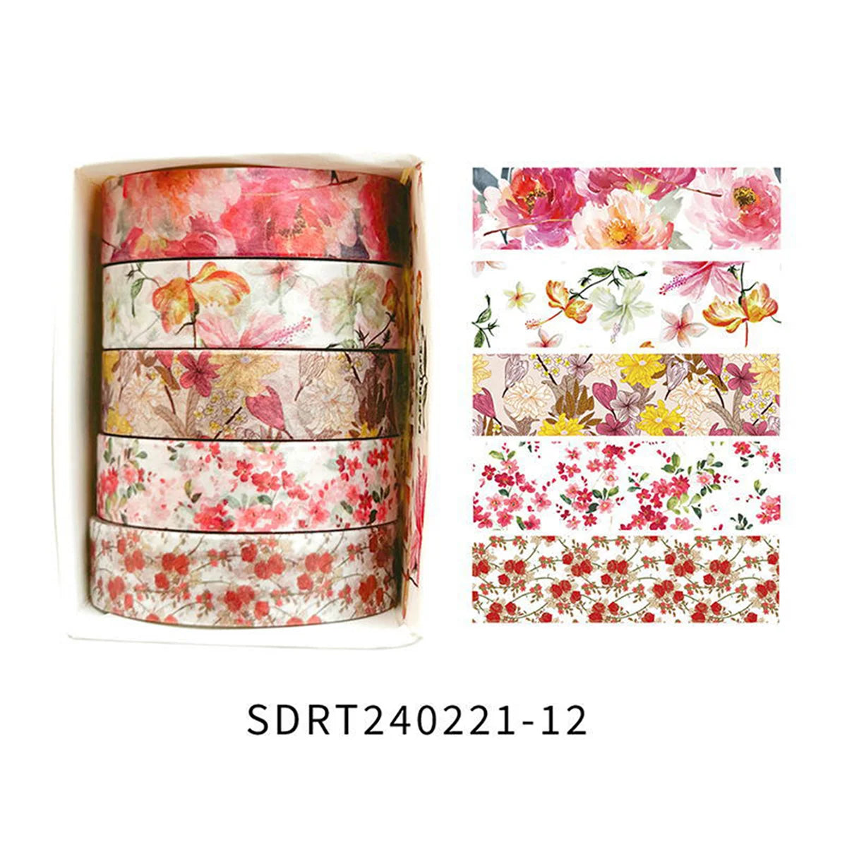 Boxed floral washi tape set with 5 rolls in pink, red and pastel flower patterns