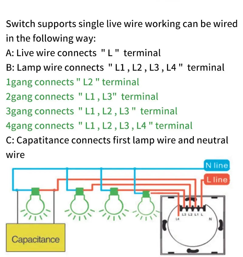 Simples Market RF433 4-gang US WiFi smart wall switch wiring diagram with L/N lines, lamp loads and a capacitor
