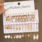 18 Pairs Women Earrings Featuring Snake Butterfly Mushroom Lock Diamond Encrusted Zircon Pearl Love Earrings Collection