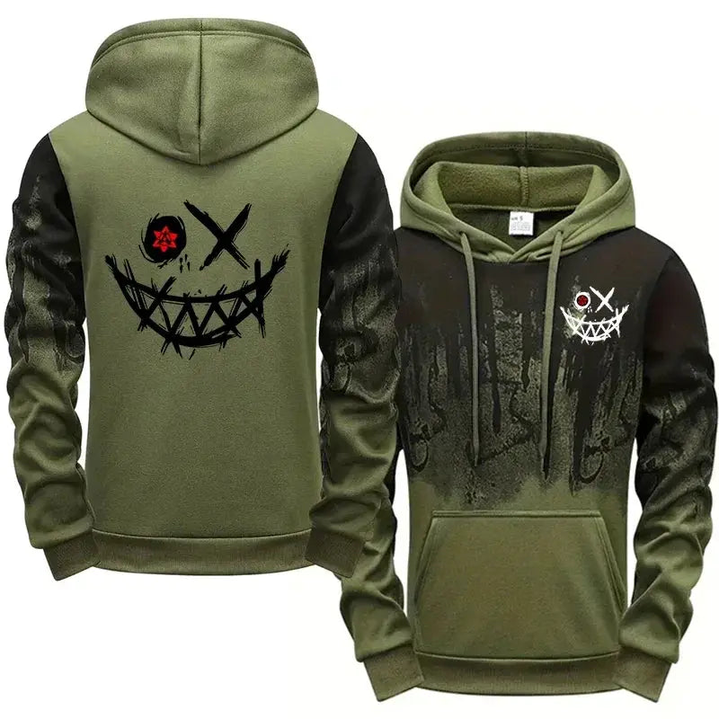 2-piece men's olive-green tracksuit hoodie and joggers with black splash ink graphic; Simples Market