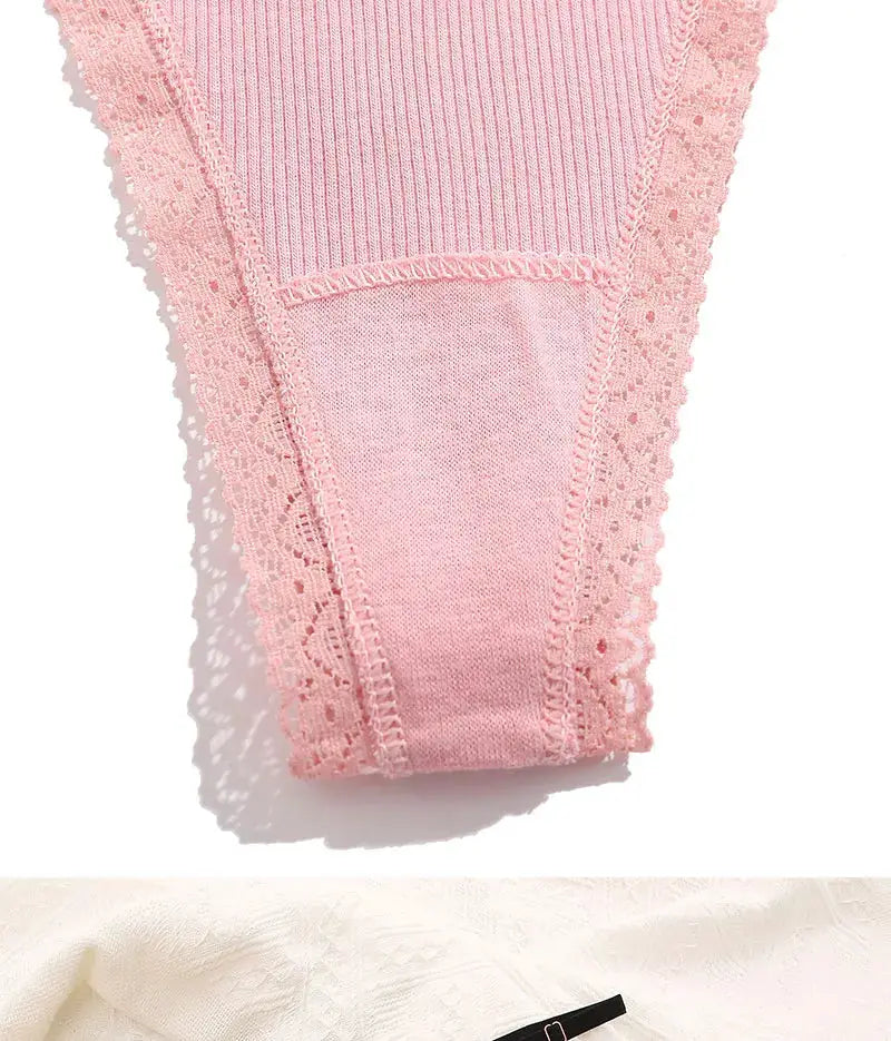 Pink cotton G-string panties with lace trim for women