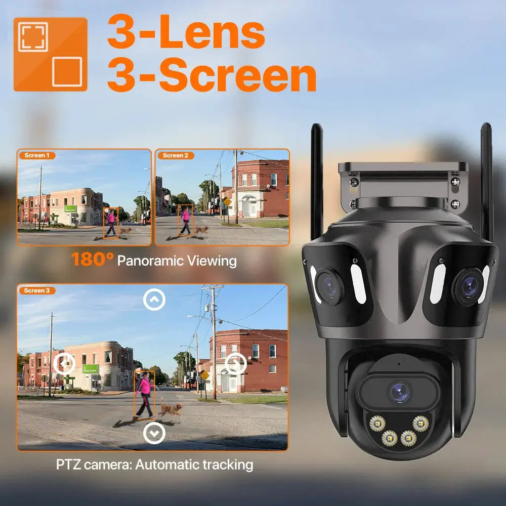 Three-Lens 3-Screen outdoor 4K IP camera by Simples Market with dual PTZ lenses and AI human detection