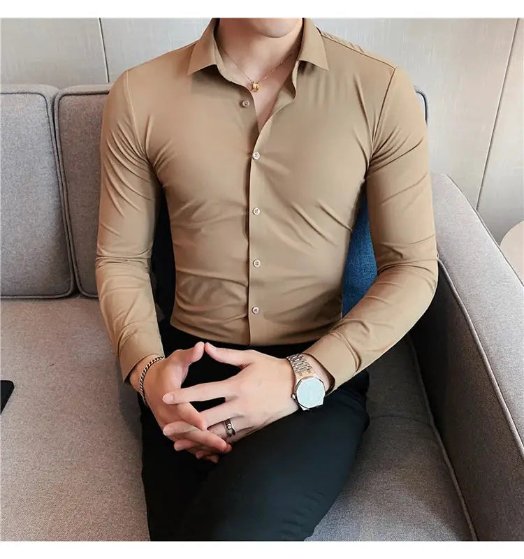 Plus-size 4XL seamless long-sleeve shirt for men, tan slim-fit dress shirt by Simples Market