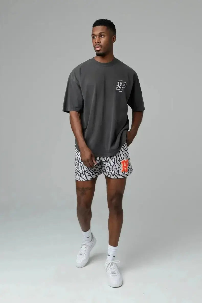 Simples Market men's IP Trend quick-dry shorts with black and white abstract pattern