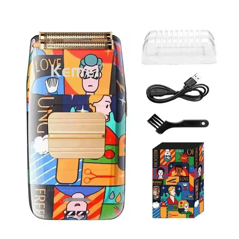 Kemei professional electric hair clipper with graffiti pattern; rechargeable kit includes USB cable, brush, blade guard