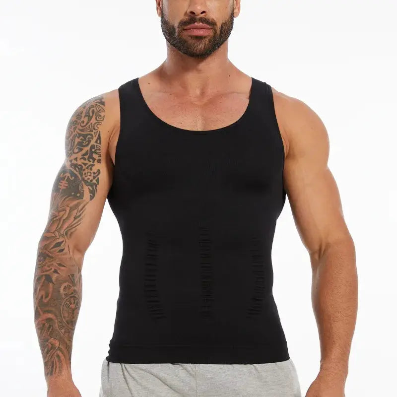 Men's black wide-strap shapewear tank top, compression vest for abdomen and back support