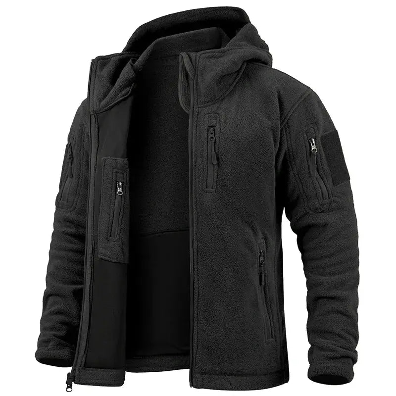 Men's black hunting fleece jacket with full-zip, hood and multiple pockets by Simples Market.