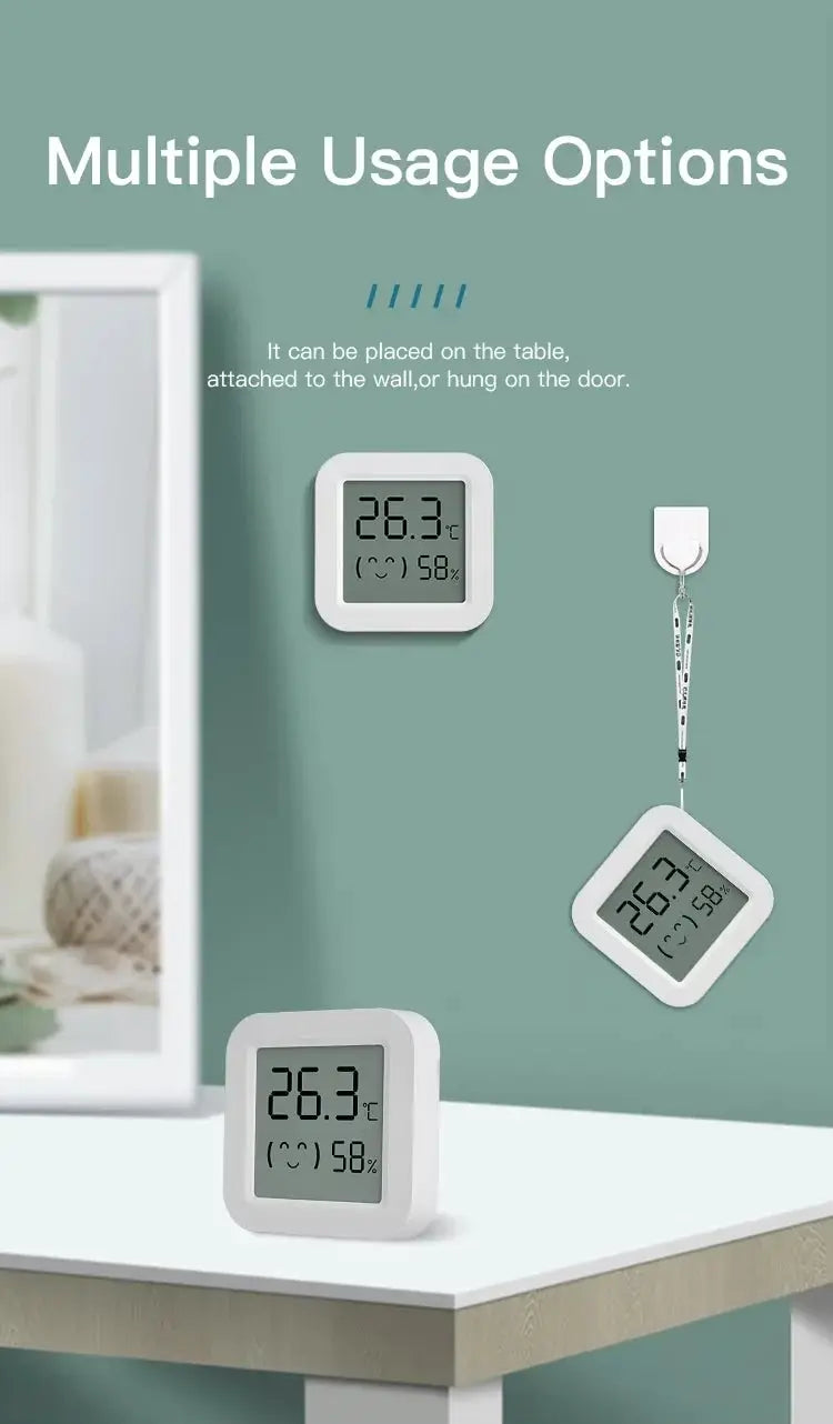 Simples Market Zigbee Temperature Humidity Sensor; white square LCD display, for table, wall or hanging use (3 shown)