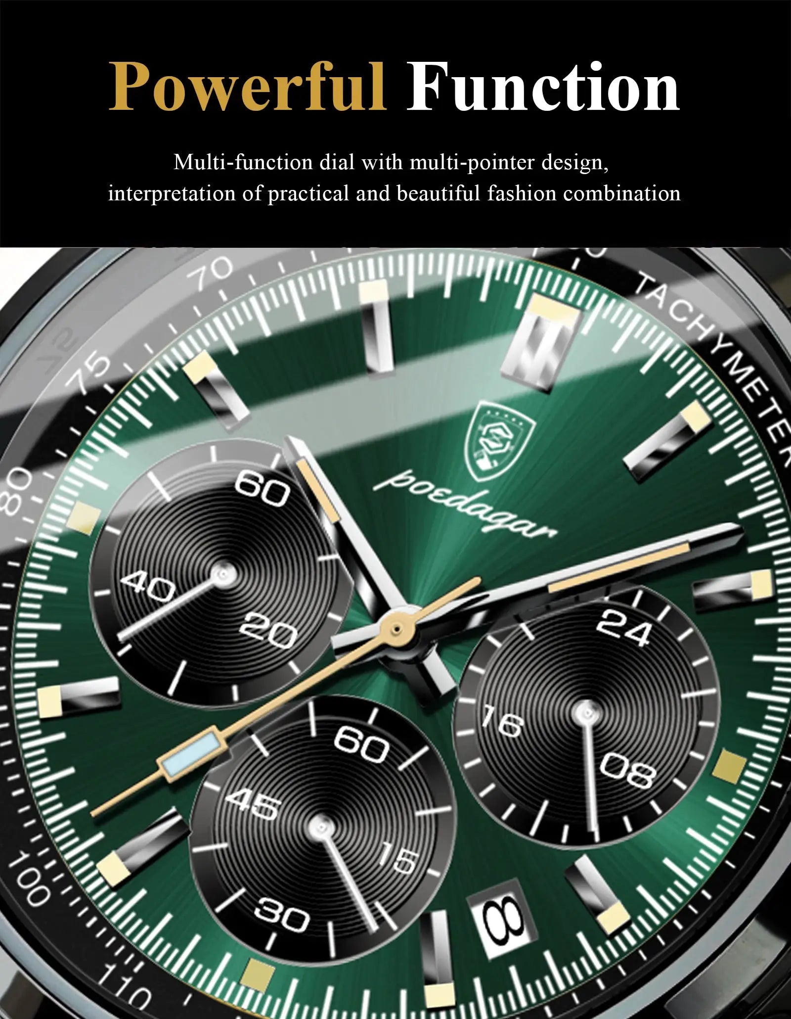 POEDAGAR green-dial stainless steel men's chronograph watch with date