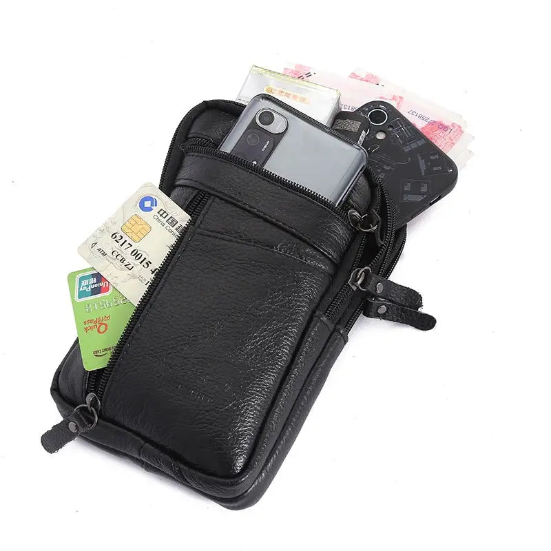 Men's black genuine leather waist bag with phone pocket and card slots, Simples Market