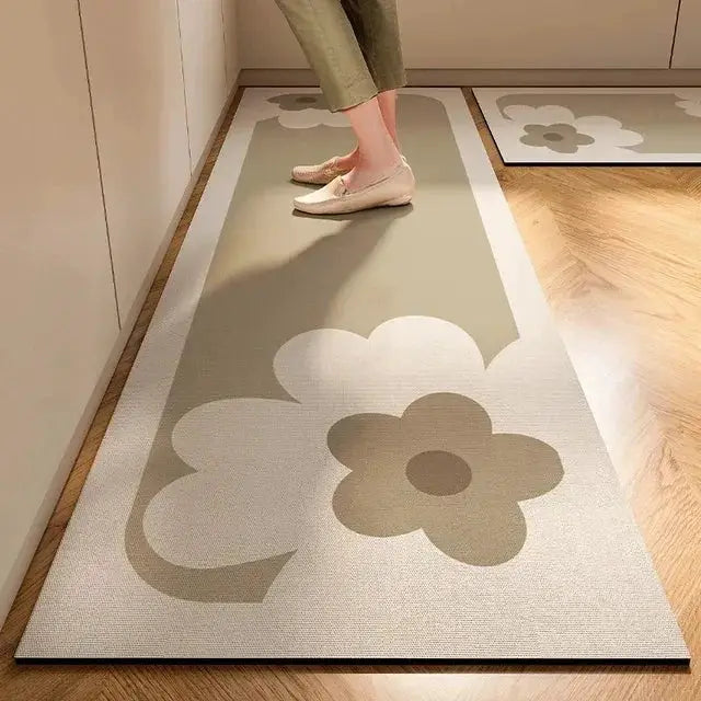 Japanese-style diatomite kitchen floor mat by Simples Market, beige floral runner with anti-slip and highly absorbent.