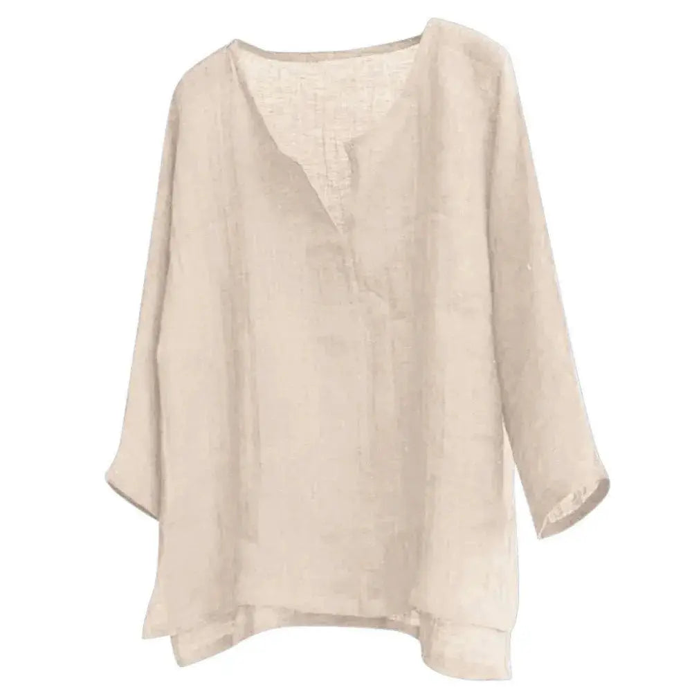 Men's V-neck long-sleeve shirt, beige, loose casual top, solid color, size S-5XL