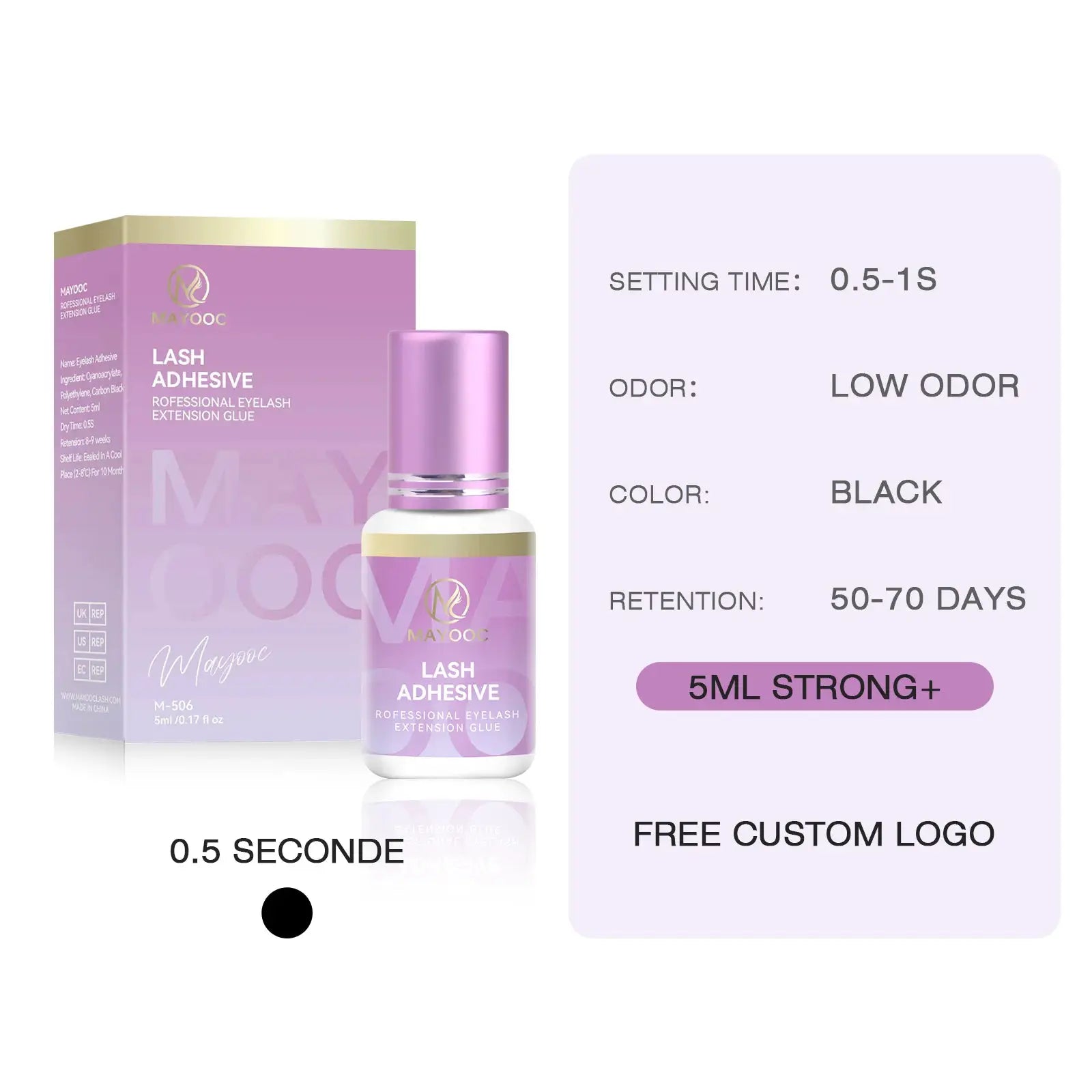 Mayooc 0.3 Sec Eyelash Extension Glue Fast Dry Lash Adhesive for Individual Lashes Sensitive Eyes Black Strong Bond