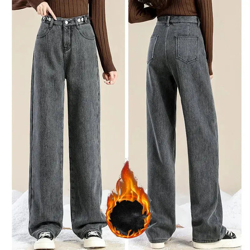 Winter Plush Thermal High Waist Jeans For Women Fleece Lined Pants