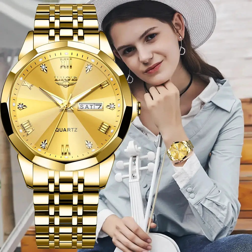 LIGE gold-tone women's quartz wristwatch with stainless steel bracelet; two watches shown