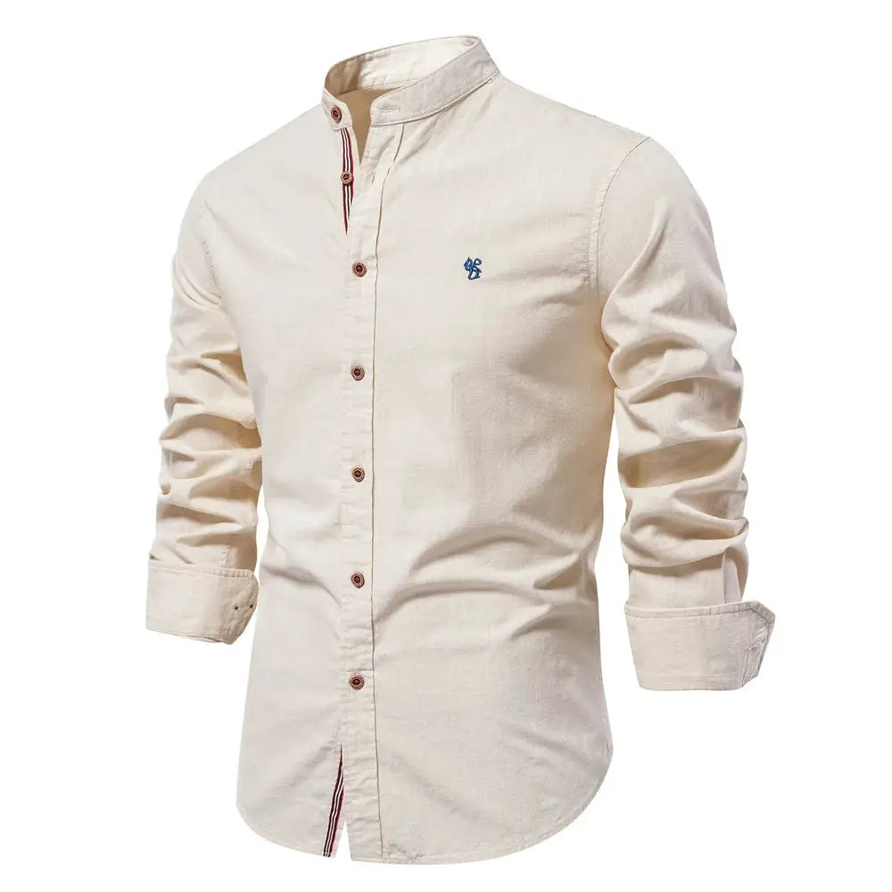 AIOPESON men's 100% cotton cream long-sleeve shirt with stand collar and brown buttons, Simples Market
