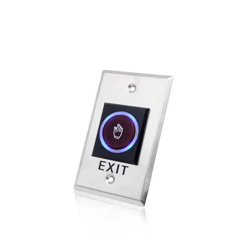 Infrared no-touch exit button with blue LED ring on stainless steel plate
