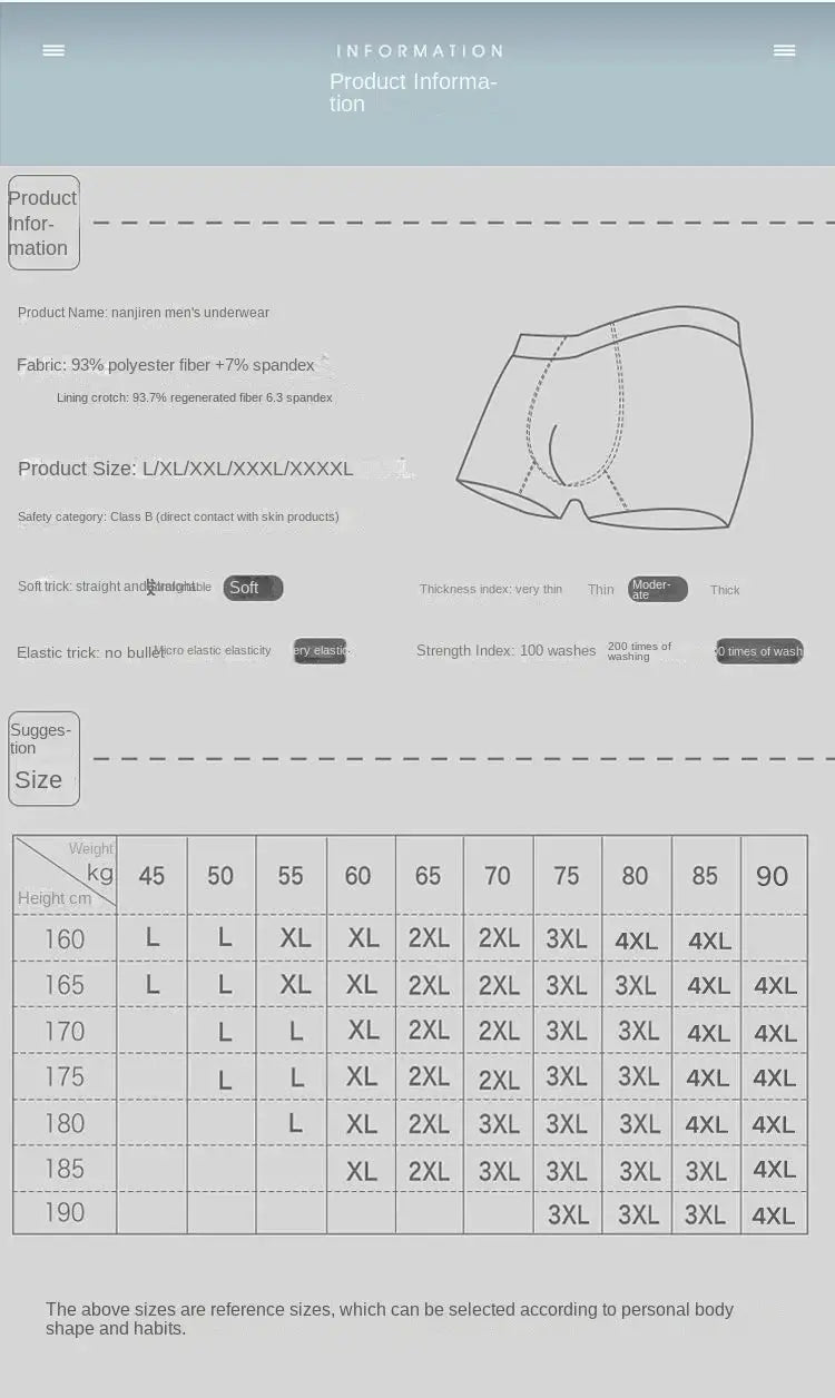 Simples Market 4pc men's ice silk boxer shorts set with breathable fabric and size chart diagram
