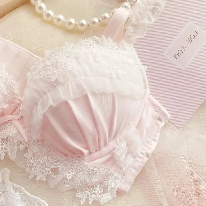 MOYISU pink lace bra set with satin cups, ruffle trim, and delicate floral lace detailing
