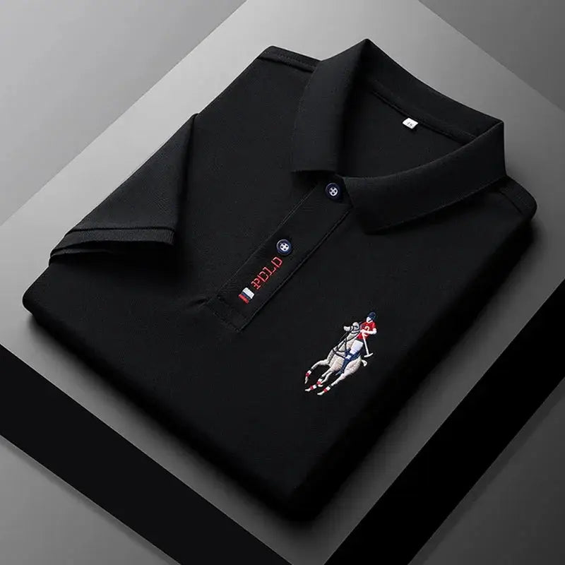 Men's black polo shirt with embroidered polo pony logo and POLO patch