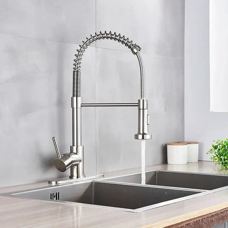 Simples Market spring brushed nickel kitchen faucet with pull-down hose, deck mounted, 360-degree rotation