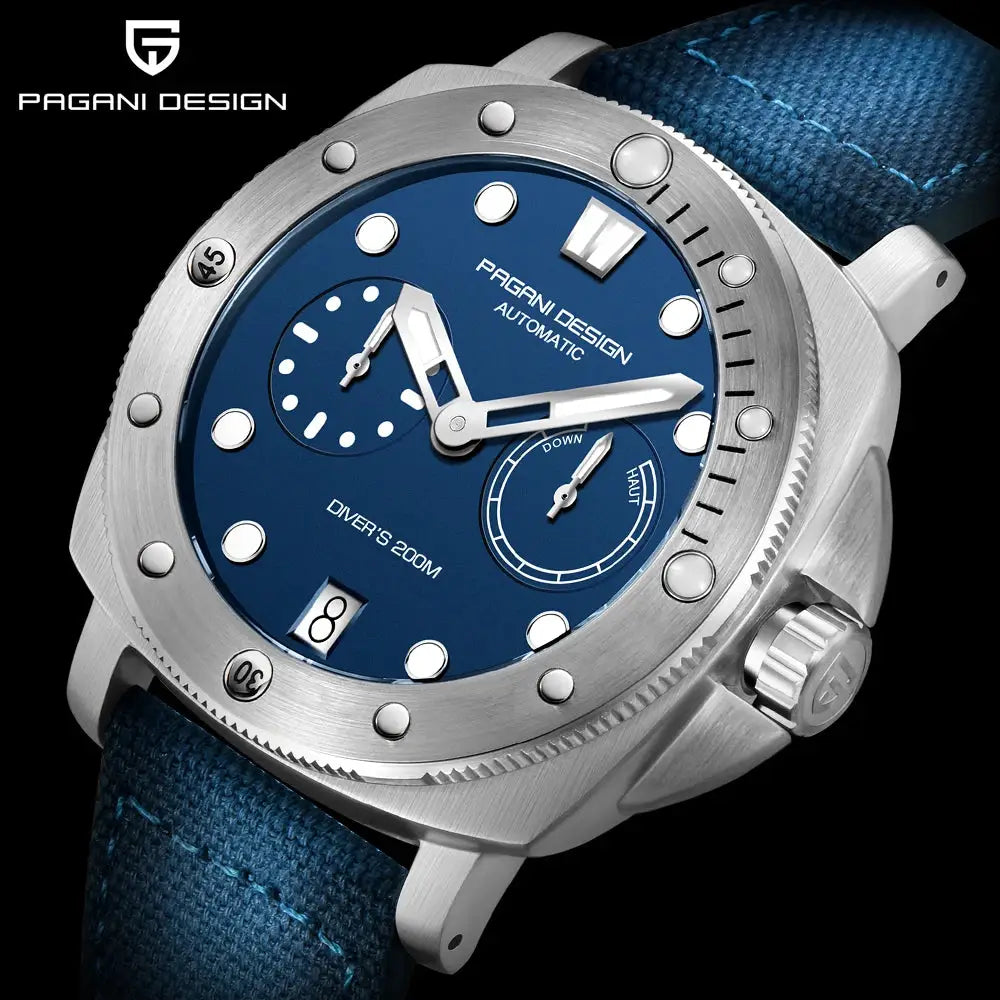 Pagani Design men's automatic diver watch with blue dial, stainless steel case, blue strap, 200m water resistant