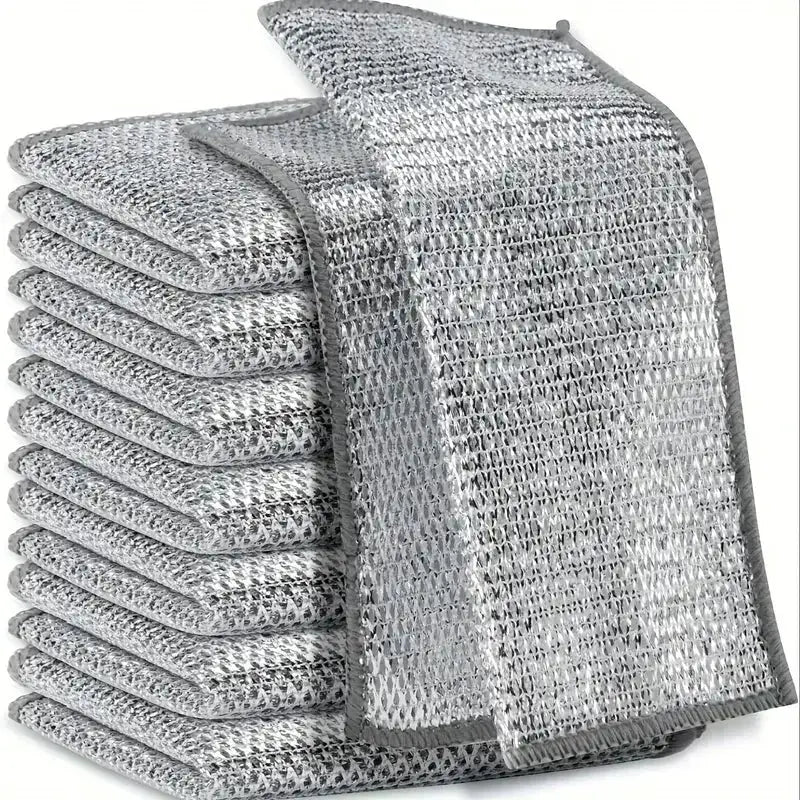 Metal steel wire dishwashing scrubbers by Simples Market, double-sided kitchen cloths, stack of silver rags