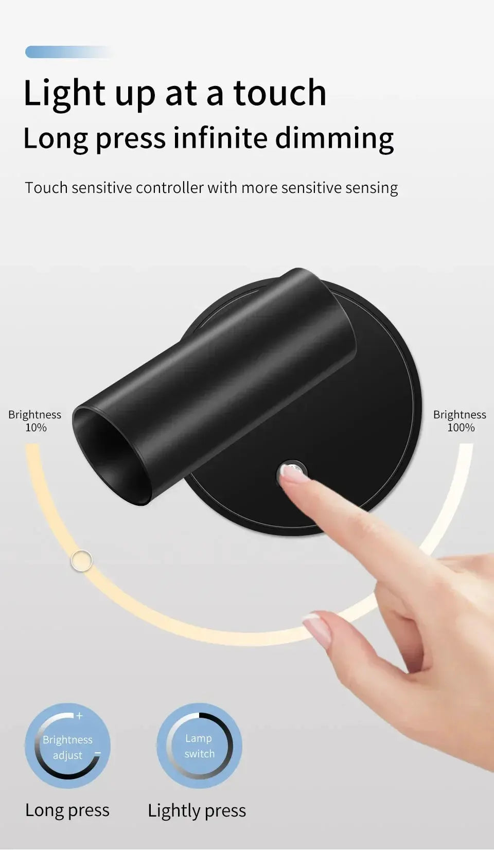 Rechargeable LED wall lamp with magnetic base; black cylindrical spotlight, touch control, 360° rotation.
