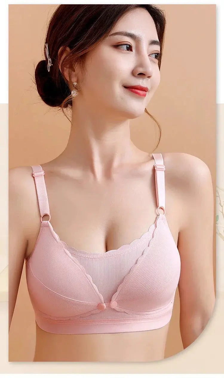 Soft pink wireless push-up bra with scalloped ribbed cups and adjustable straps