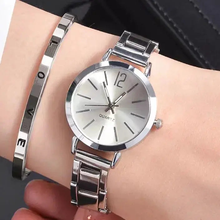 2-piece silver stainless steel women's watch and bracelet set with round quartz dial and linked straps