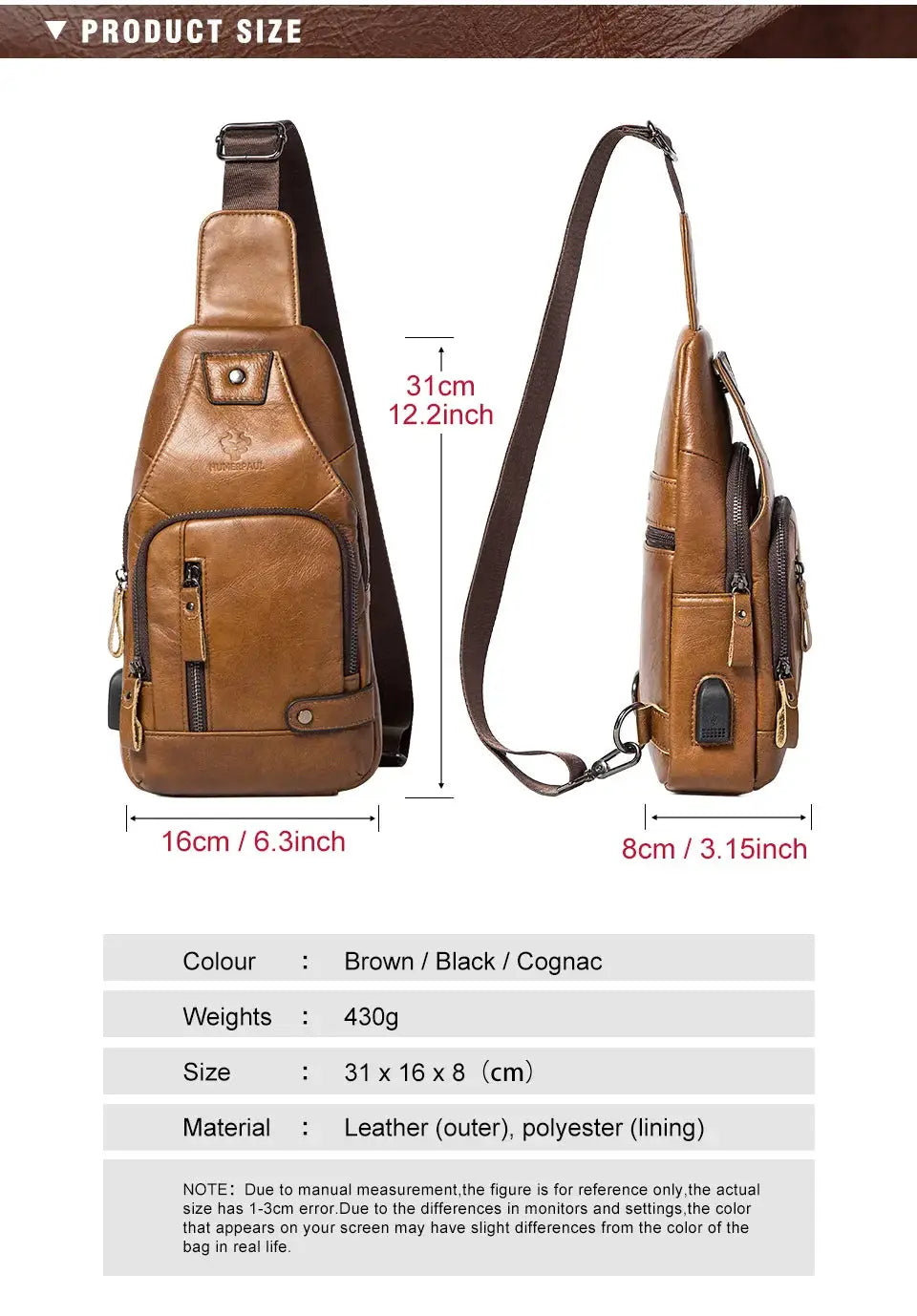 HUMERPAUL brown genuine leather USB chest bag by Simples Market, crossbody with multiple pockets