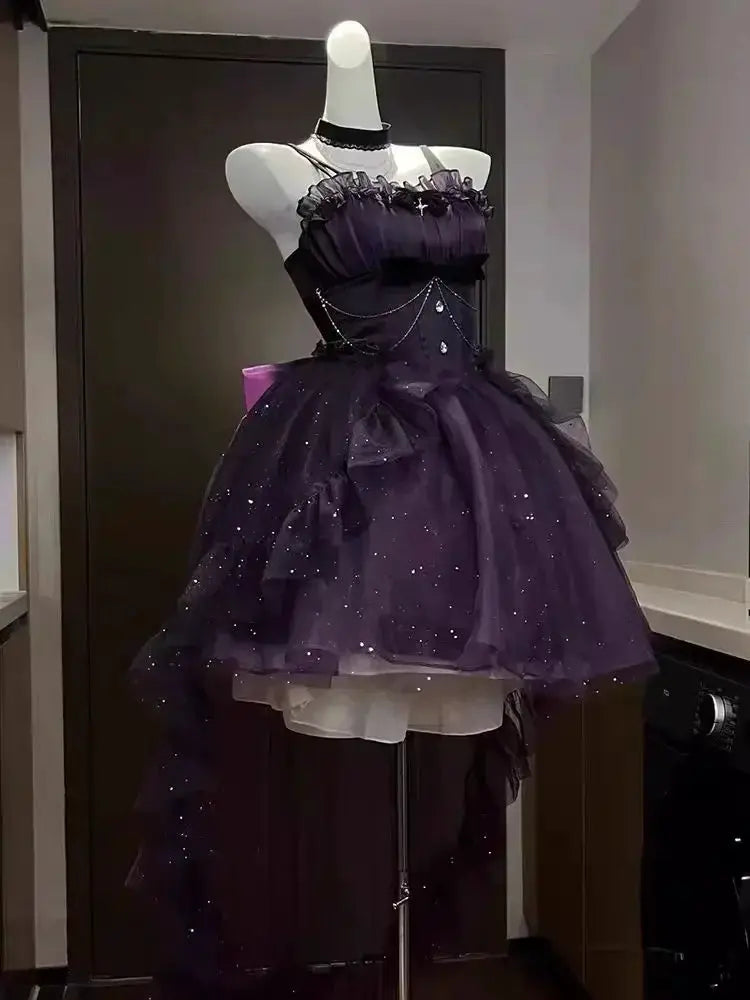 Gothic Y2K Sling Party Dress For Women Harajuku Retro Tulle Ruffles