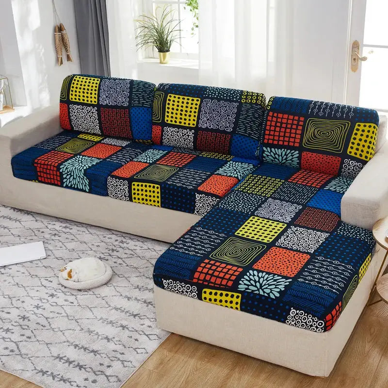Simples Market stretch sofa slipcover set for L-shaped couch with seat cushion and backrest covers; multicolor patchwork