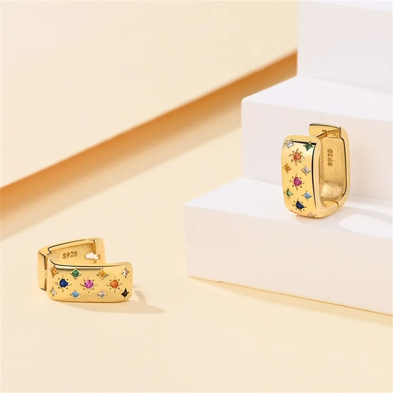 Gold-tone hoop earrings, 2-piece set with colorful gemstone accents; S925 stamp visible