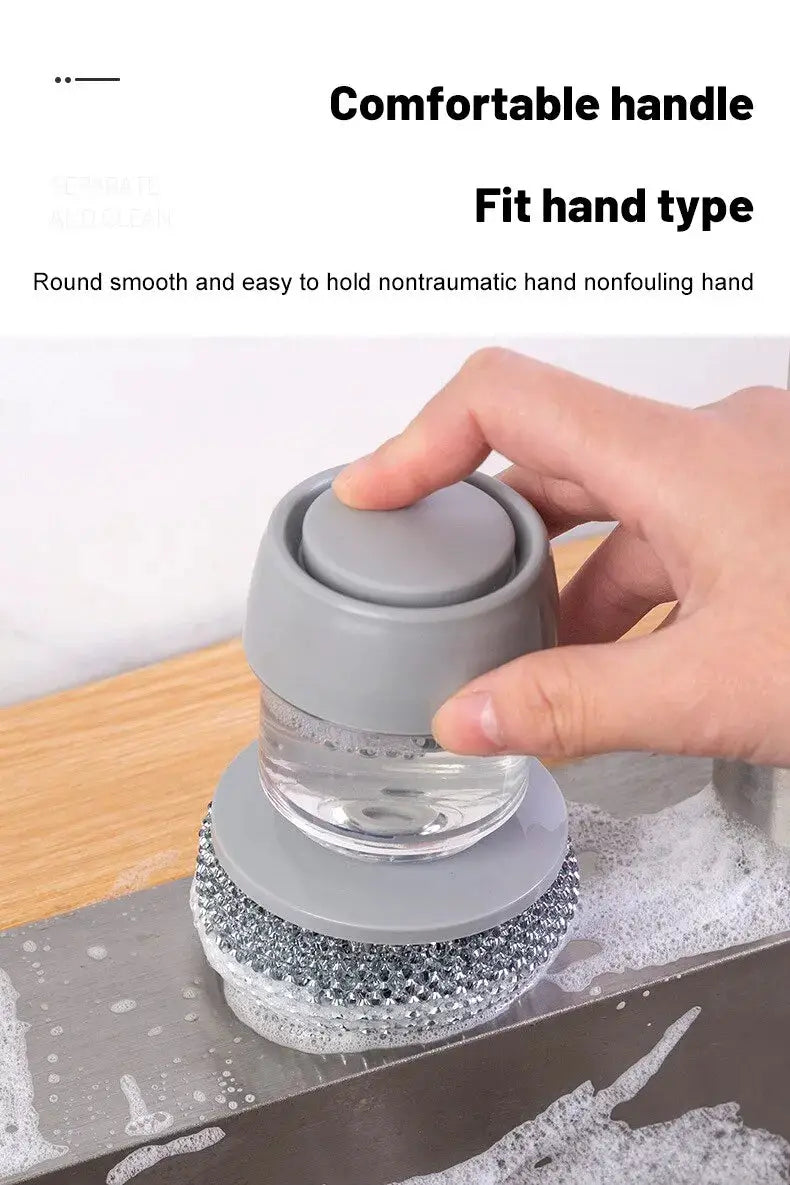 Simples Market portable soap-dispensing dish scrubber with gray cap and clear reservoir