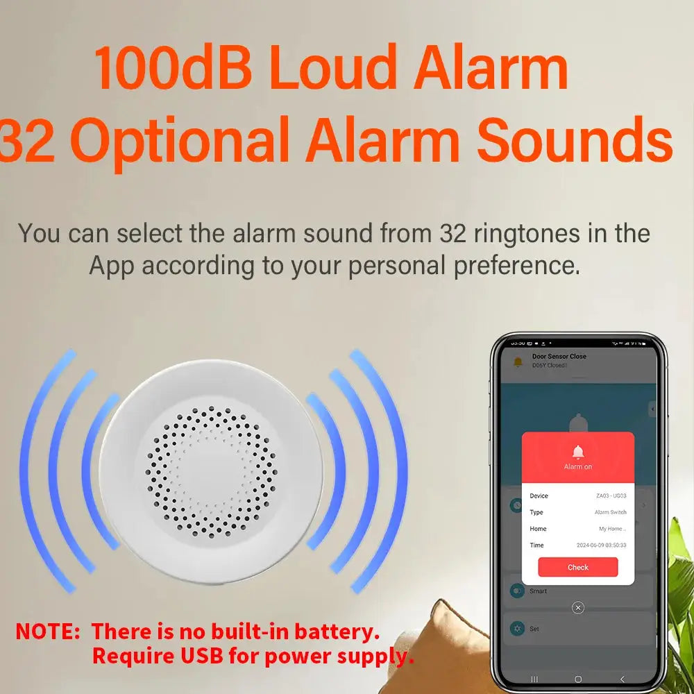 Tuya Zigbee WiFi smart siren alarm, 100dB, USB-powered; works with Smart Life, Alexa, Yandex