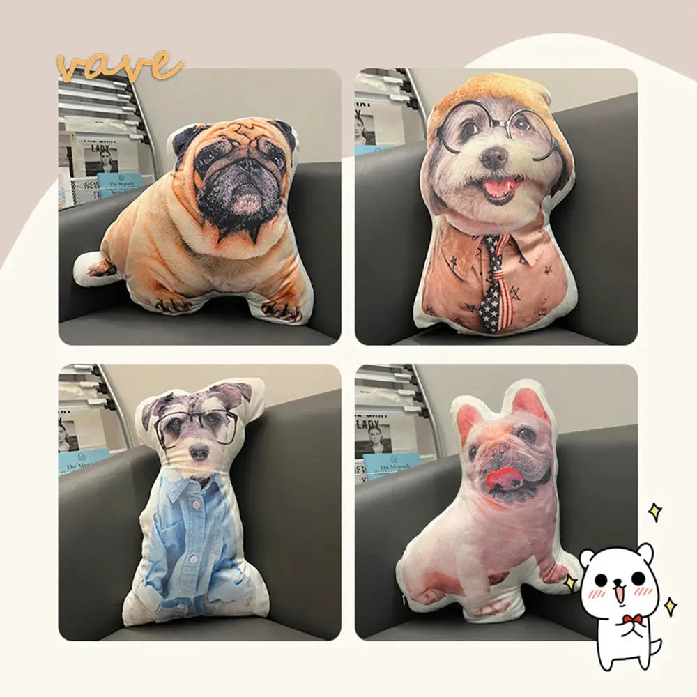 Photo custom shape pillow case set by Simples Market; four dog-themed plush cushions in assorted colors