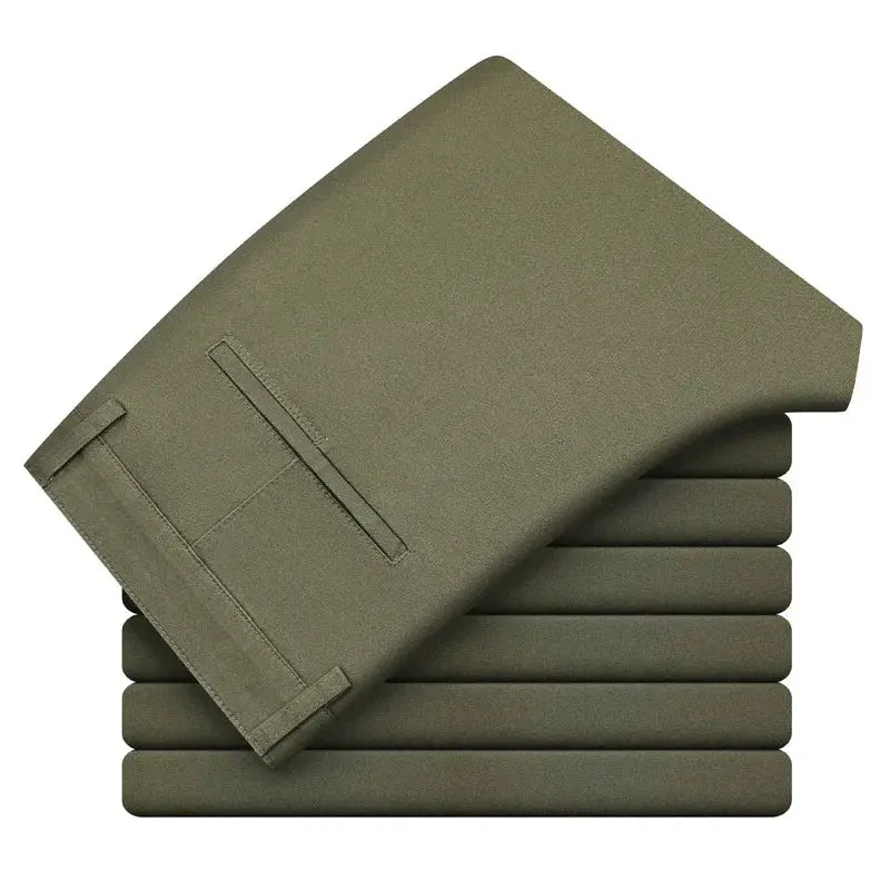 Men's casual trousers by Simples Market, olive khaki, 97% cotton, slim straight, stacked