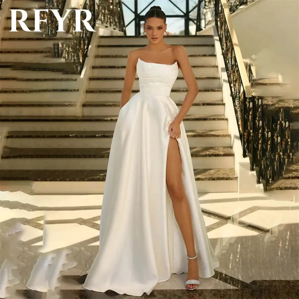 RFYR Green Satin Evening Dress Pleats A Line High Split Prom