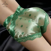Green satin lace briefs with high-waist and sheer polka-dot fabric by Simples Market.