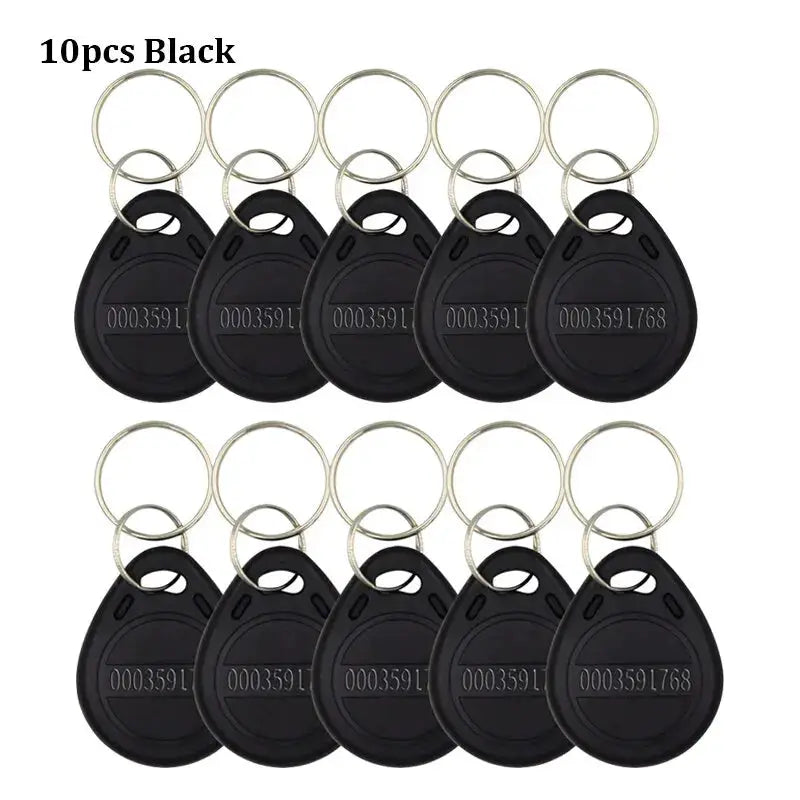 10 black EM4100 125KHz RFID keyfobs with metal key rings