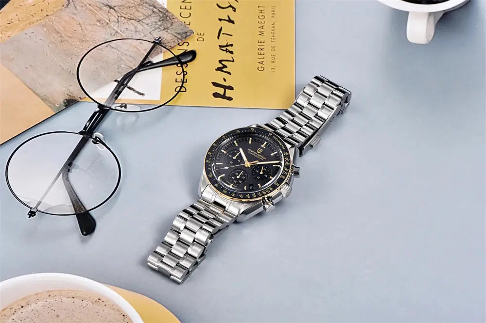 Pagani Design men's stainless steel quartz chronograph watch with black dial, gold-tone indices, and ceramic bezel