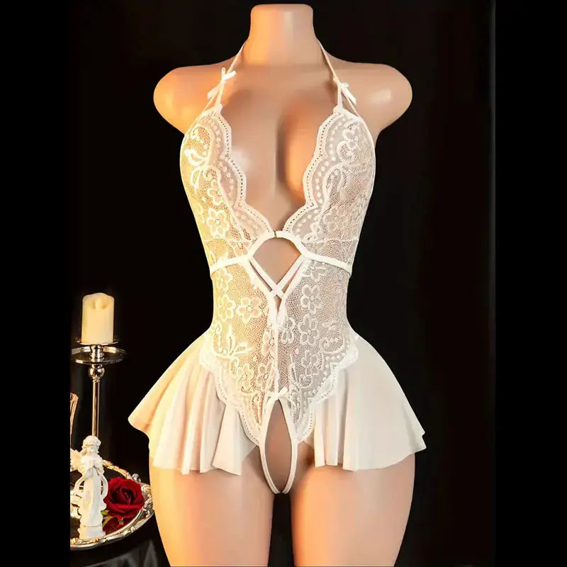 Velvet Lace Transparent Lingerie Set With Neck Hanging Bra And Thong One Piece Alluring Sheer Intimate Nights
